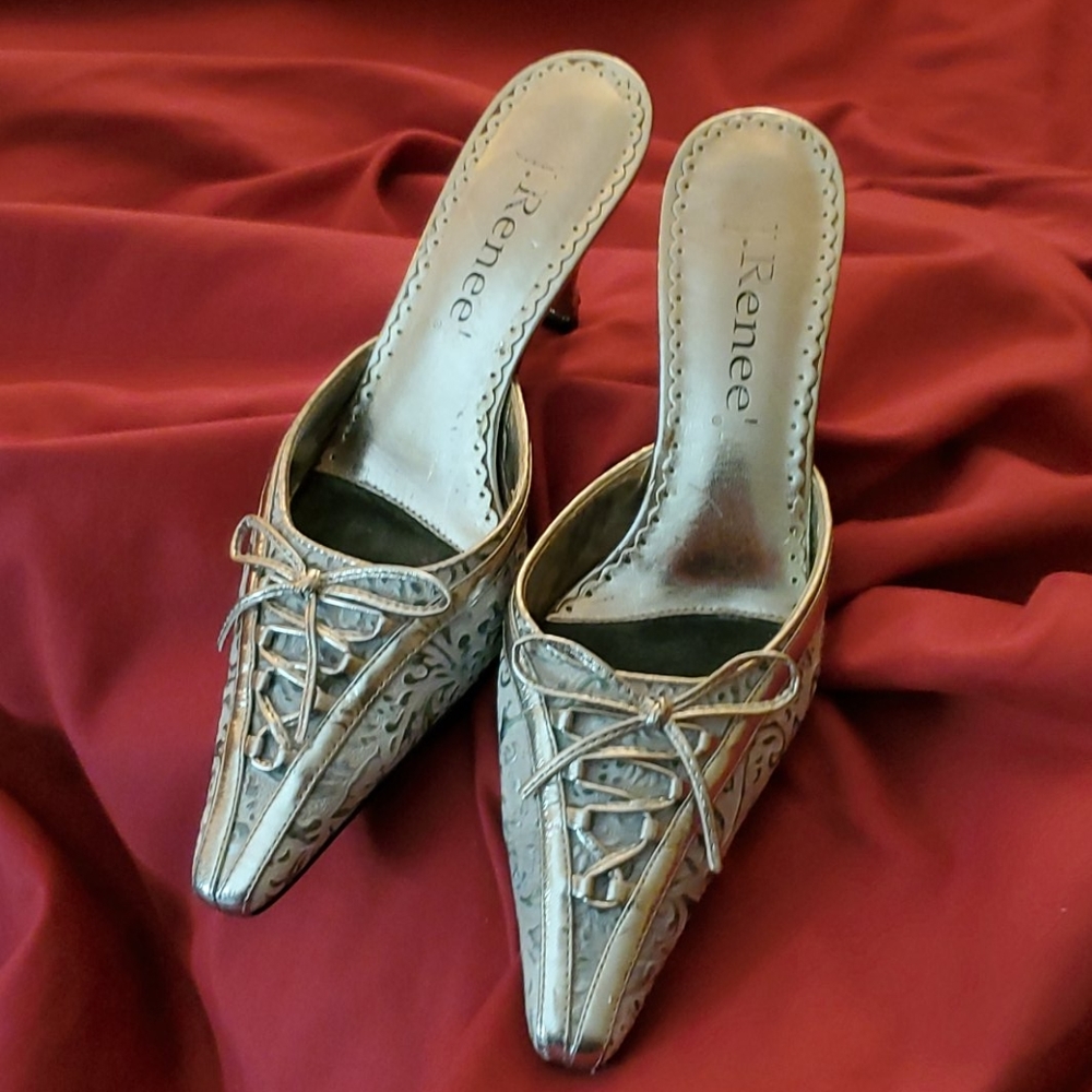 J. Rene Pewter & Silver Scroll Print Mule - image 1